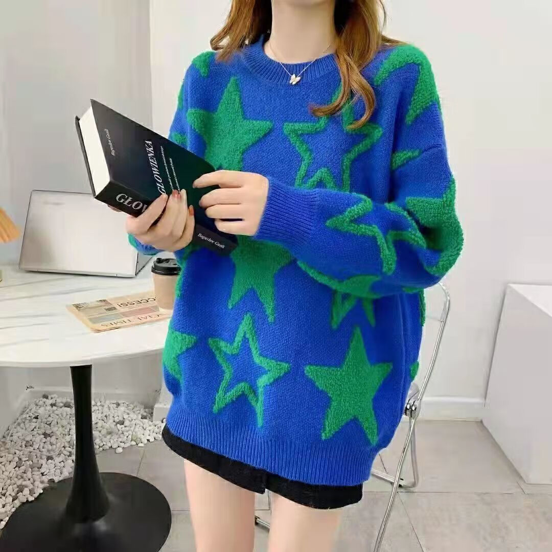 静多岚加绒秋冬新款五角星圆领毛衣女时尚设计感百搭加厚保暖打底针织