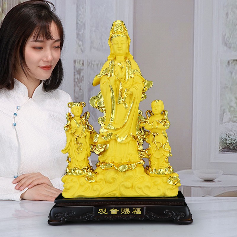 观音佛像摆件站像供奉家用送子观音佛堂玄关客厅装饰工艺 小号沙金色