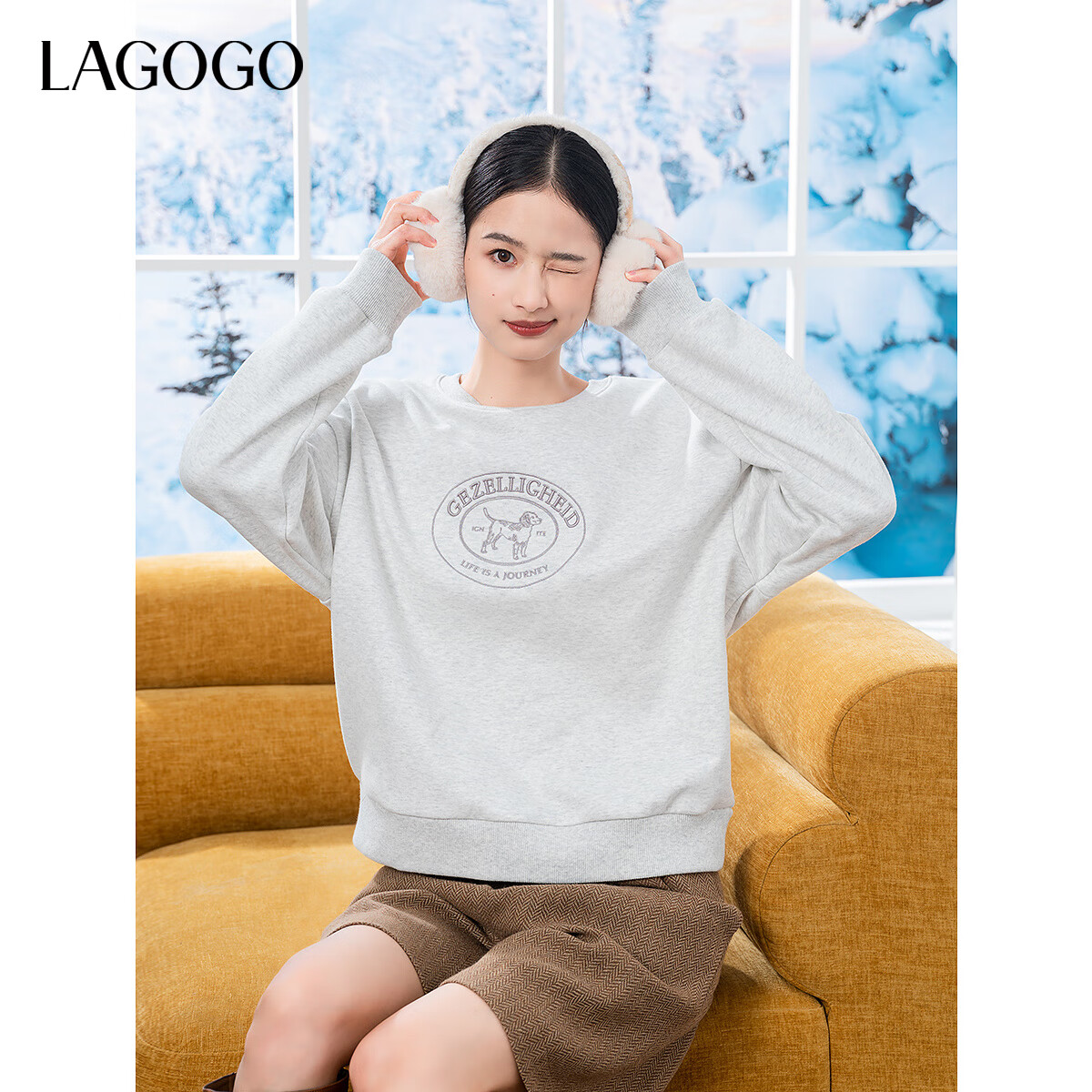 LAGOGO【抗菌发热】灰色加绒圆领卫衣女拉谷谷2024冬新款保暖上衣 灰色 M