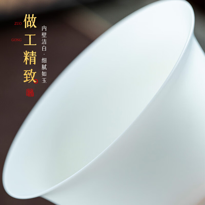 钰铨龙门 羊脂玉瓷素烧三才盖碗 德化白瓷大容量盖碗功夫茶具不烫手泡茶碗 羊脂玉瓷素烧厚盖碗(约190ml)