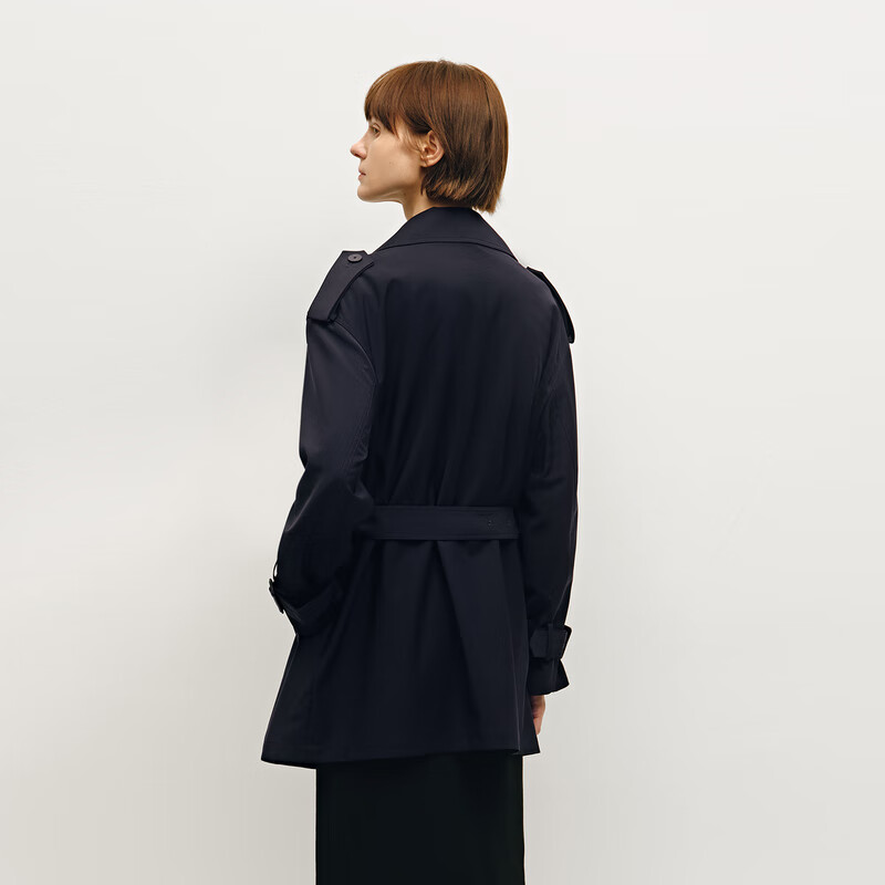 OVV2024秋冬新款女装经典翻领双排牛角扣短款羊毛风衣 藏青 XS