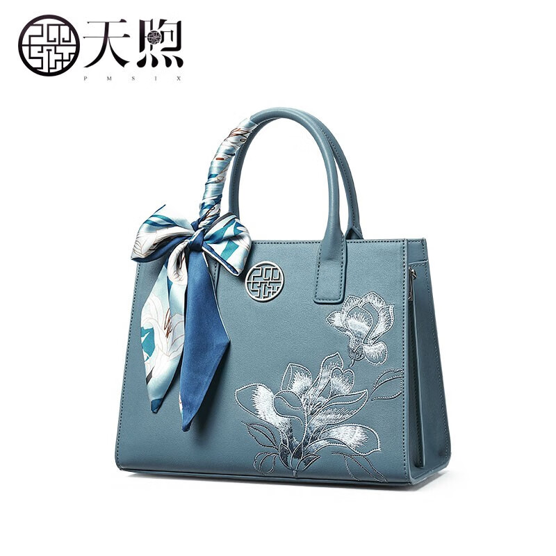 天煦女包刺绣手提包牛皮大包中年婆婆包单肩旗袍包送丈母娘礼物妈妈包 蓝绿色-送礼品袋 京东折扣/优惠券