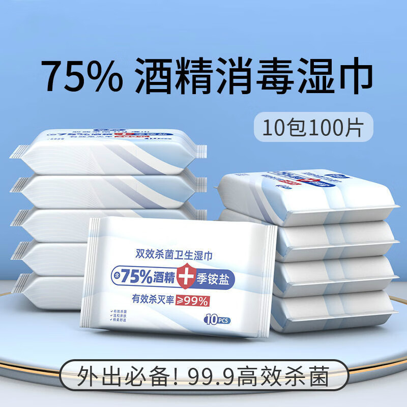 【家庭日用必备】 消毒必备 75%酒精杀菌消毒卫生湿巾10片装小包学生儿童随身便携湿纸巾 酒精湿巾10包 共100片