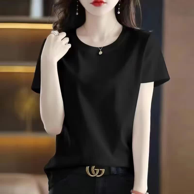 清仓捡漏出口品牌折扣女装夏季短袖纯棉t桖休闲宽松百搭上衣 黑色 纯色 XL 建议115斤-130斤