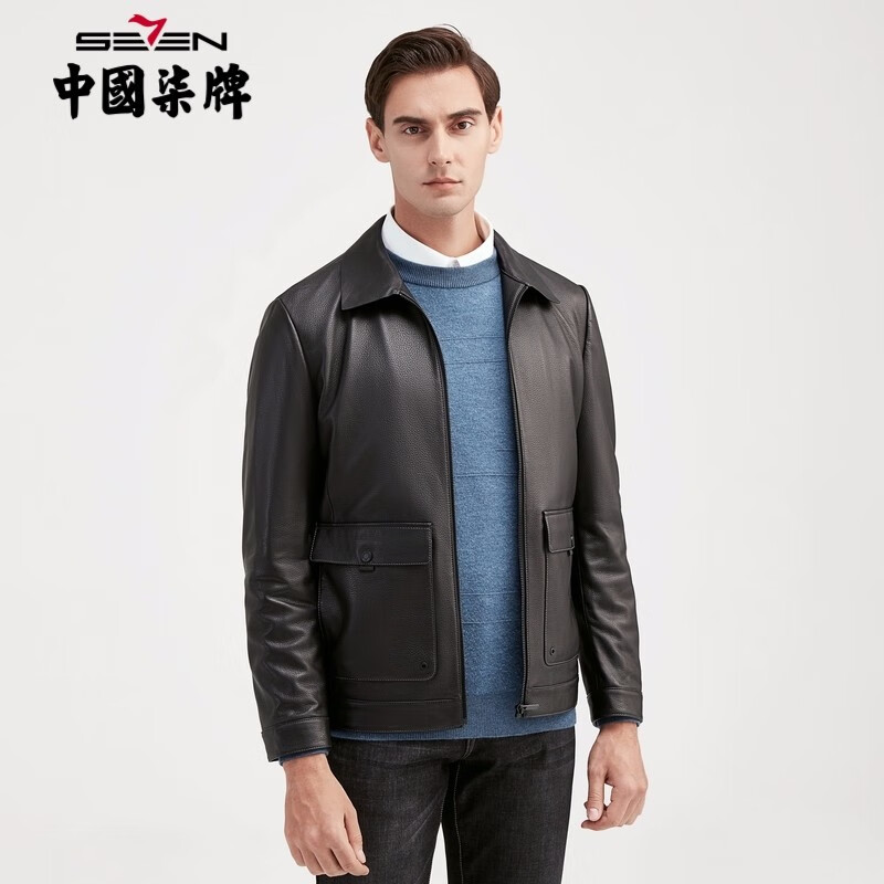 柒牌男士皮衣2022冬季新款中年商务休闲翻领夹克男装黑色外套 黑色