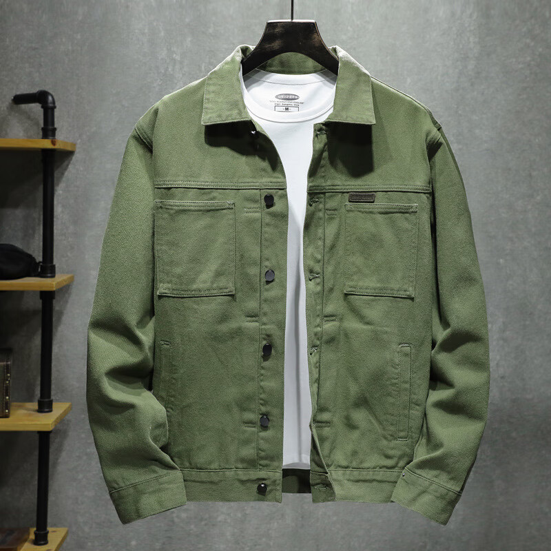 方少风男士休闲牛仔夹克春秋季新款翻领男装上衣潮流工装服外套 绿色
