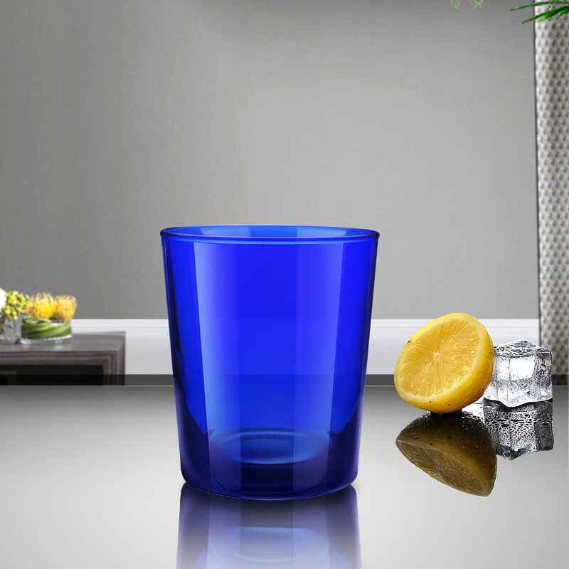 玻璃茶杯水杯饮料杯果汁杯牛奶杯女士夏水杯套装套餐 深蓝色杯子1个