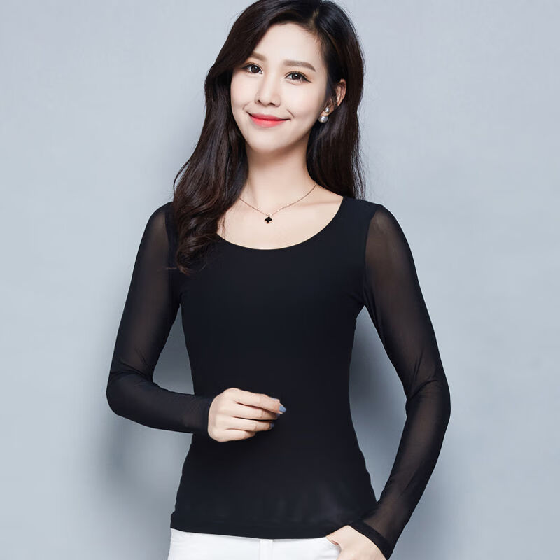 恺吉锐加绒/薄款秋冬款圆领长袖大妈胖m性感修身显瘦网纱打底衫衣女装