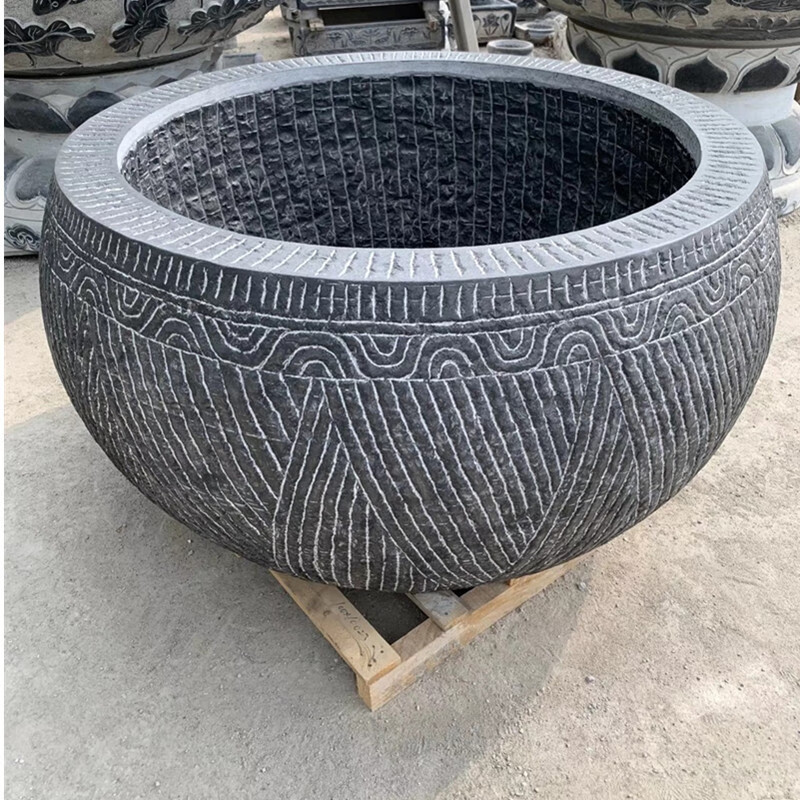 沃狮甲门 石雕鱼缸花盆庭院别墅摆件 青石荷花圆形鱼缸仿古 多种规格
