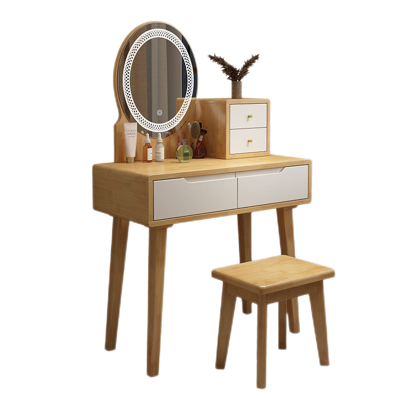 实木梳妆台轻奢梳妆台卧室欧式梳妆台家用主卧小户型超窄化妆桌带LED灯现代主卧家具卧室梳妆台简约现代 原木色（单抽款）+凳子