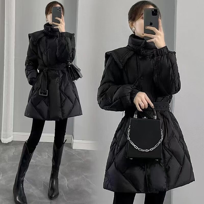 黛芙熙2025新款女装冬季修身收腰中长款羽绒服女黑色显瘦双排扣立领外套 黑色 M 101-115