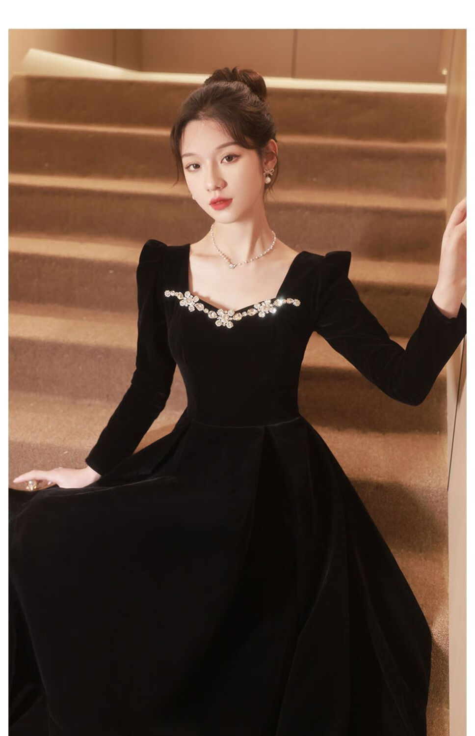 18歳岁成人礼服女十八歳岁高中生高级感晚宴裙丝绒长袖法式艺考 黑色