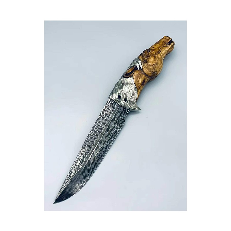 雨轩户外鹿角手工雕刻马头羽毛纹大马士革钢刀户外直刀收藏送礼高端