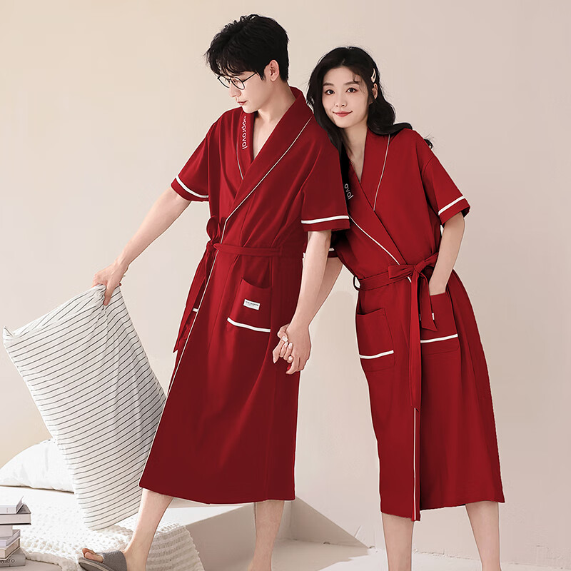 莫代尔睡袍女士夏季纯棉短袖情侣睡衣2025新款男士大码长款浴袍家居服 KL24173情侣 M 女+男3XL