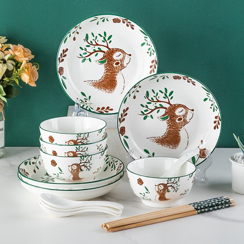 尚行知是 新品一鹿有你碗碟套装日式家用陶瓷餐具碗盘面碗汤碗情侣碗筷组合 4人食16件套