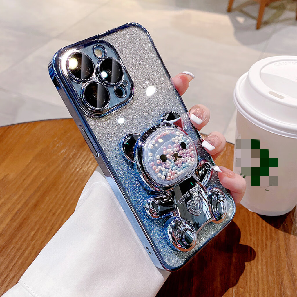 卡通电镀小熊适用16手机壳iPhone15promax支架13pro闪粉12/11 远峰蓝闪粉+小熊支架 iPhone16