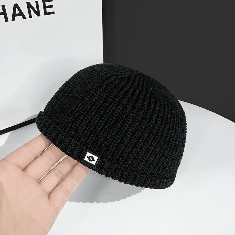 薄款无檐针织帽子男士女日系秋冬雅痞光头西瓜帽寸头瓜皮帽毛线帽 黑色