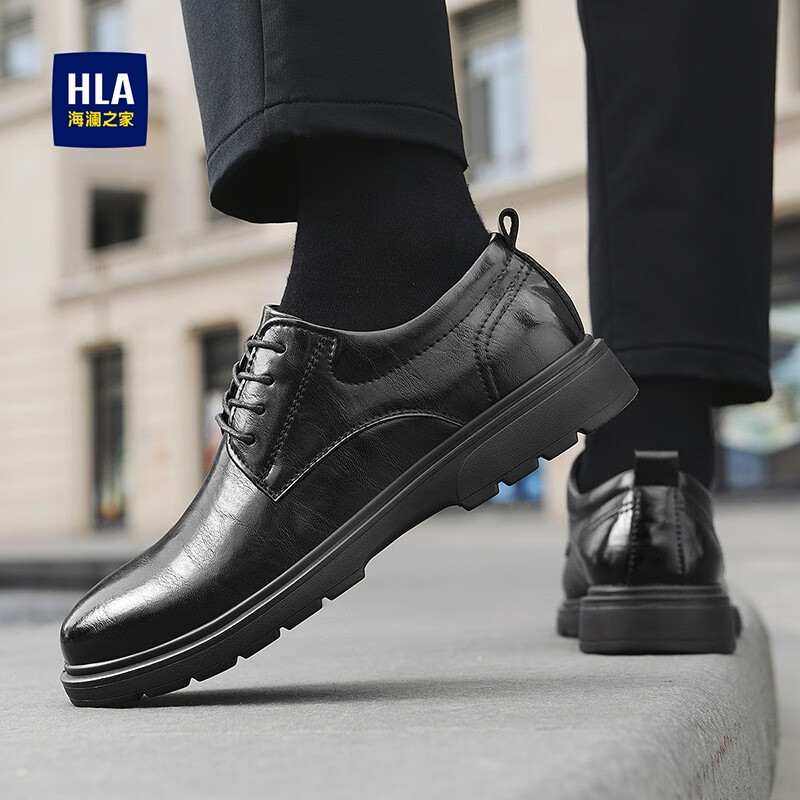 海澜之家(HLA)皮鞋男款新品复古潮流英伦风男士上班通勤百搭舒适软底德比鞋 黑色(HAAPXM1EBH077) 43 (尺码偏大一码,拍小一码)