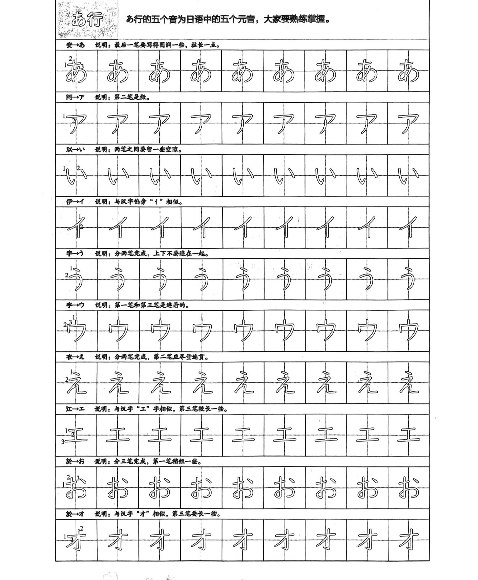 电子版小学日语五十音图手写体字帖可打印