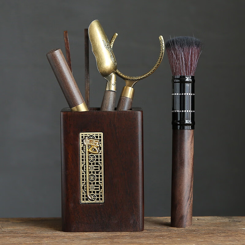 青天问月黑檀木茶道六君子花梨木茶夹茶勺茶刀泡茶工具茶具配件 年年有余-四方六君子