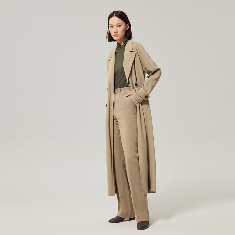 OVV秋冬热卖女装醋酸羊毛混纺双排扣腰带长款风衣 卡其A3 L