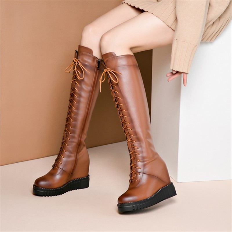 yingfeiprincess品牌长靴女真皮秋冬高跟长筒靴坡跟内增高10cm轻奢女