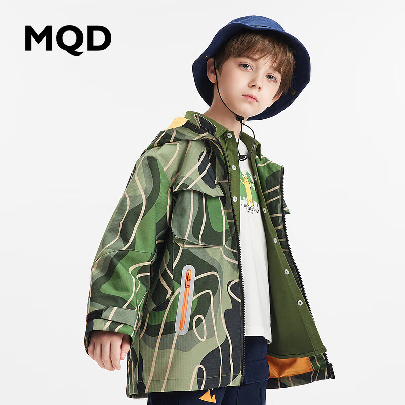 MQD童装男童中长款印花连帽风衣23字母时尚防水反光口袋上衣 绿花版 170 (3XL)