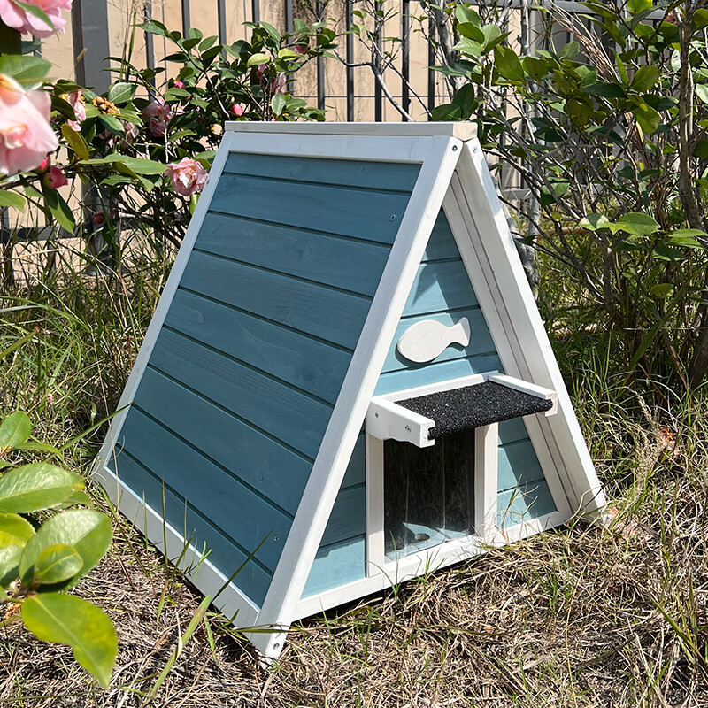 sunnyzoo室外猫屋时尚设计三角猫屋宠物用品流浪猫窝防水实木遮雨 浅蓝色
