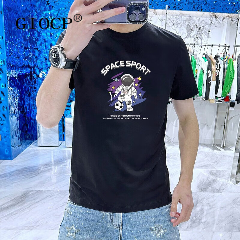 GIOCP香港潮牌宇航員印花短袖T恤男夏季新款時(shí)尚男士流行絲光棉體恤 黑色 M 建議90-115斤