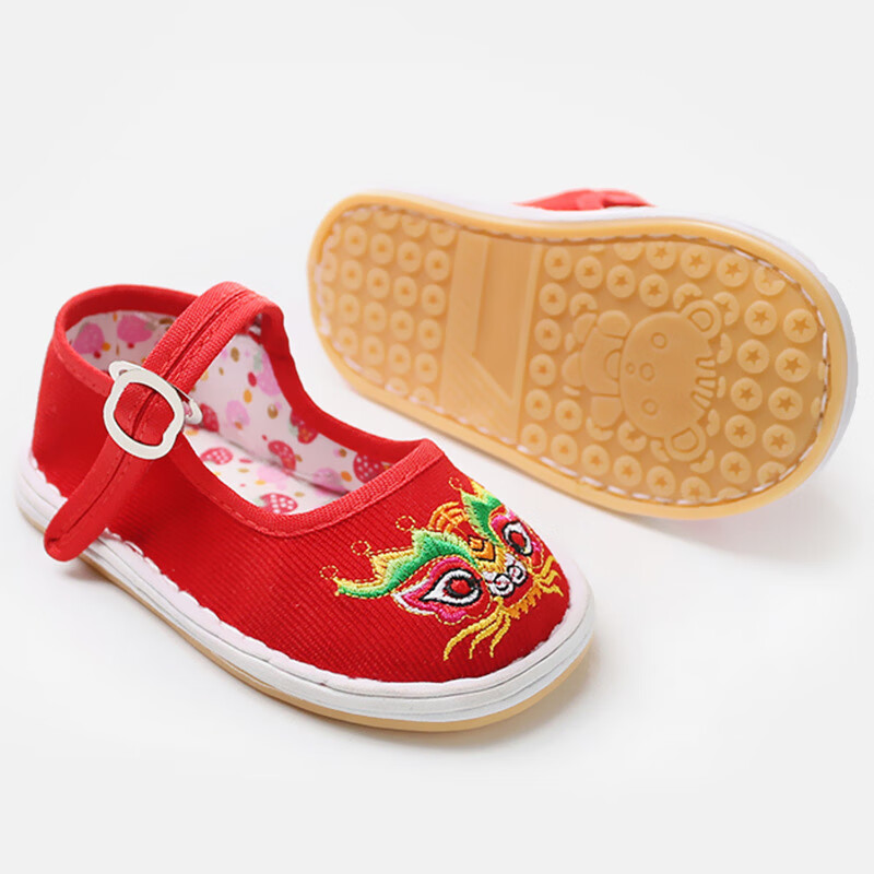 传统千层底布鞋儿童女宝宝手工布鞋抓周岁虎头鞋 诺_红色(千层底虎鞋)