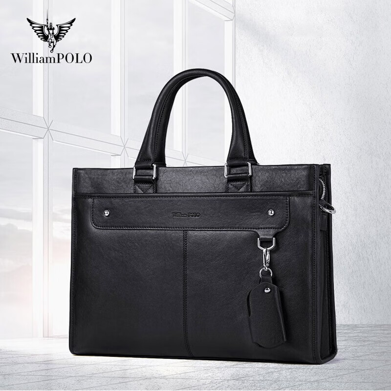 英伦保罗【男士礼物】公文包男牛皮男士手提包商务电脑包单肩大容量斜挎包 黑色-时尚款