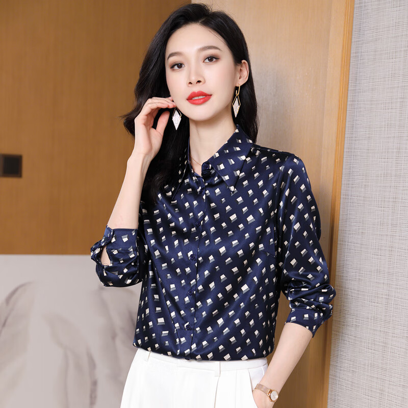 若兰春夏季新款气质优雅时尚真丝衬衫女装修身显瘦印花桑蚕丝真丝上衣