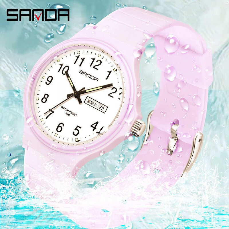 克洛奈CLNAI品牌手表超薄双日历夜光防水简约12数字学生考试腕表儿童男表女表多功能日期星期中性手表 黑带白面