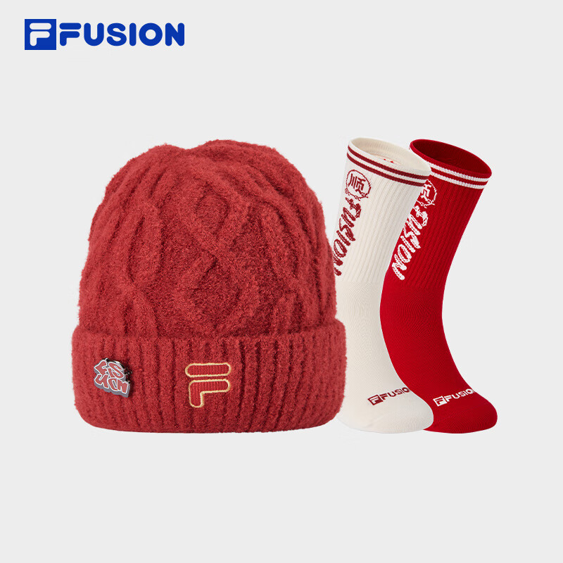 FILA FUSION斐乐潮牌情侣款帽袜套装2025春新款时尚休闲保暖礼盒
 深黑/暗红/石灰白-BK 1双 XS