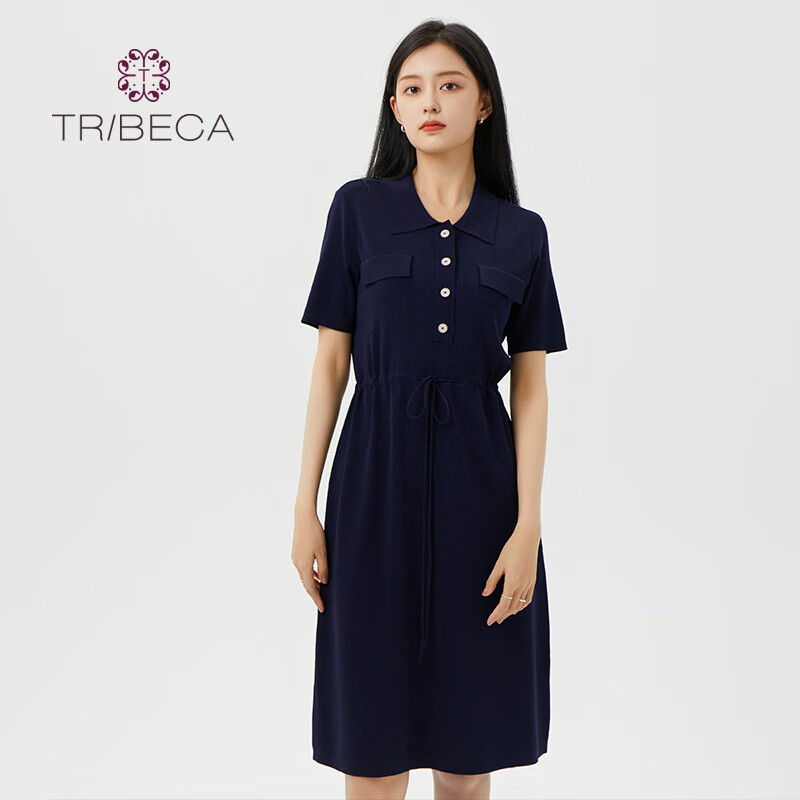 翠贝卡春季新款休闲收腰显瘦短袖针织连衣裙 深兰 165