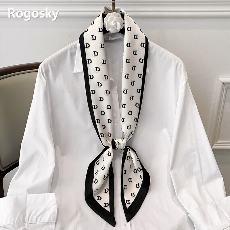 字母细窄长条小丝巾发带装饰领巾绑包飘带轻奢原创 fx-174-白色黑边