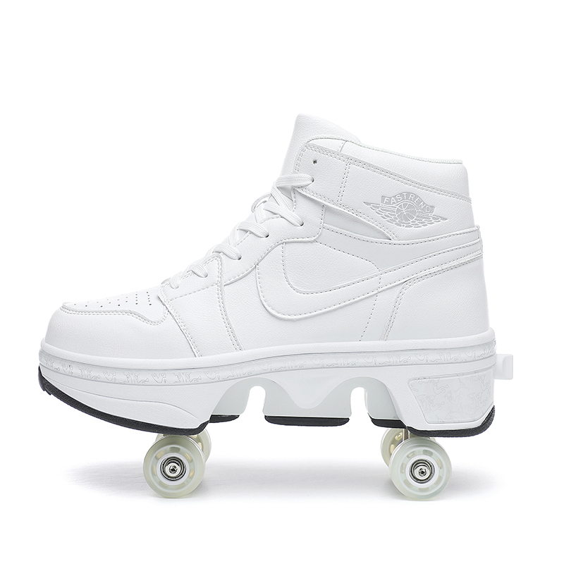 艾酷靓仔暴走鞋变形轮滑爆走溜冰鞋成人男女轮滑鞋学生收缩隐形四轮鞋 白色 42标准码