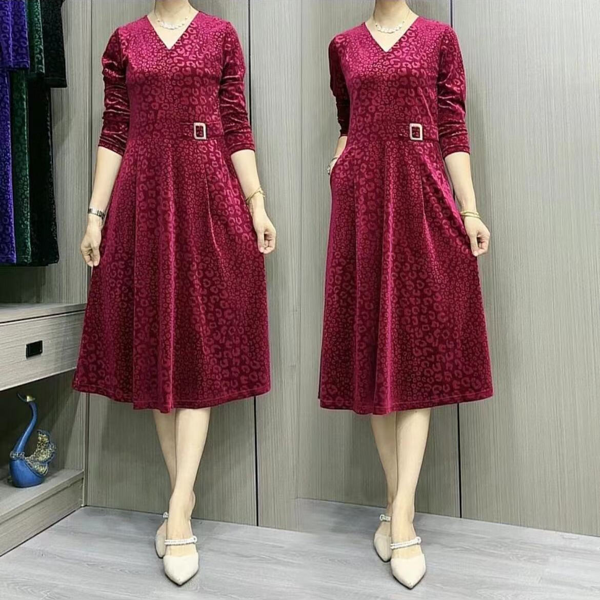 鹿藤金丝绒连衣裙年轻款2024秋季新款金丝绒连衣裙中长款收腰显 酒