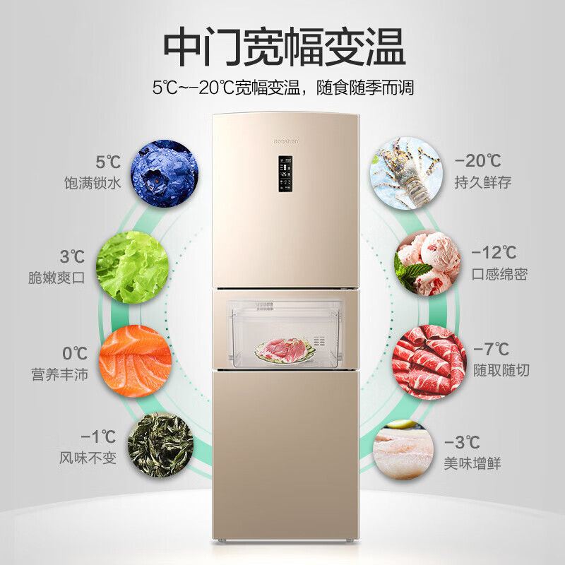容声(Ronshen)【鲜space】253升变频一级能效三门小冰箱家用小型风冷无霜BCD-253WD16NPA中门宽幅变温