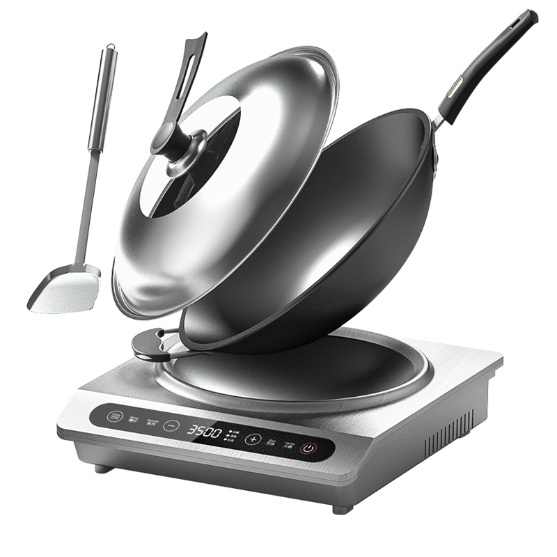 TINME【順豐速運】德國電磁爐炒鍋一體電磁爐套裝帶鍋凹面電磁爐大功率 太空灰電磁爐+炒鍋三件套裝（觸摸屏+3500W）