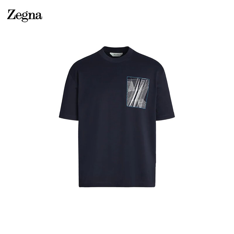 杰尼亚(zegna) 21秋冬 男士深蓝色棉质弹力印花短袖t恤 vy372-zz651e
