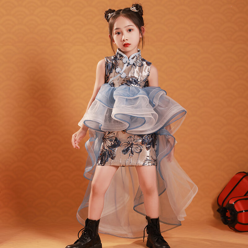 鹿凌青儿童旗袍2022新款秋季中国风女童模特走秀演出礼服小女孩改