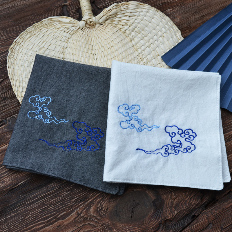 祥云刺绣纯棉吸汗手帕方巾男士女士手绢全棉双层随身支持定制 白色