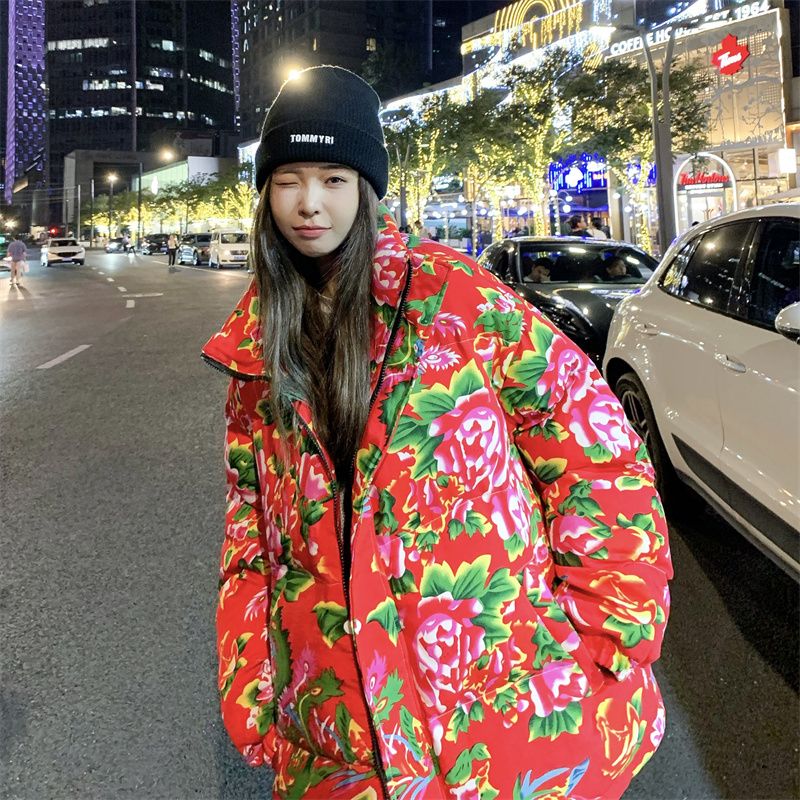 依米侬(yiminong)东北花棉袄女年轻款绵祆女生情侣装冬季装国潮加厚花