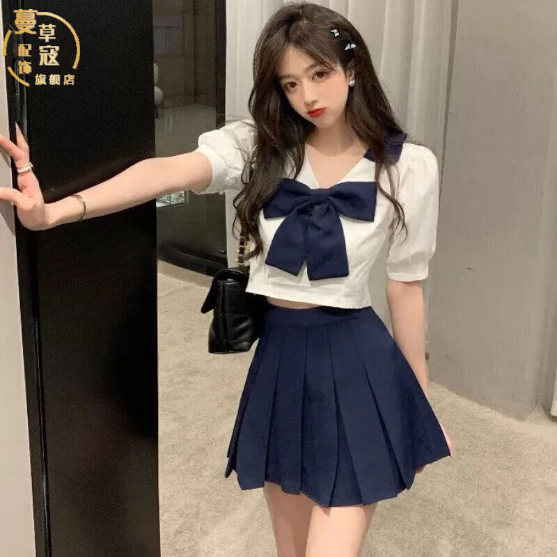 蔓草寇jk半身裙套装裙女2023夏季新款日系学生短款百搭上衣高腰百褶半身 白色上衣+藏蓝百褶裙[+蝴蝶结 L[建议100-115斤]怎么样,好用不?