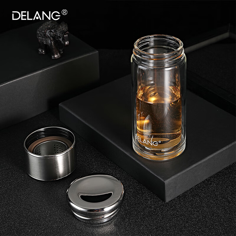 德琅(DELANG)德国品牌水杯双层玻璃杯商务办公玻璃杯 茶水分离杯8006-玫瑰金-礼盒装
