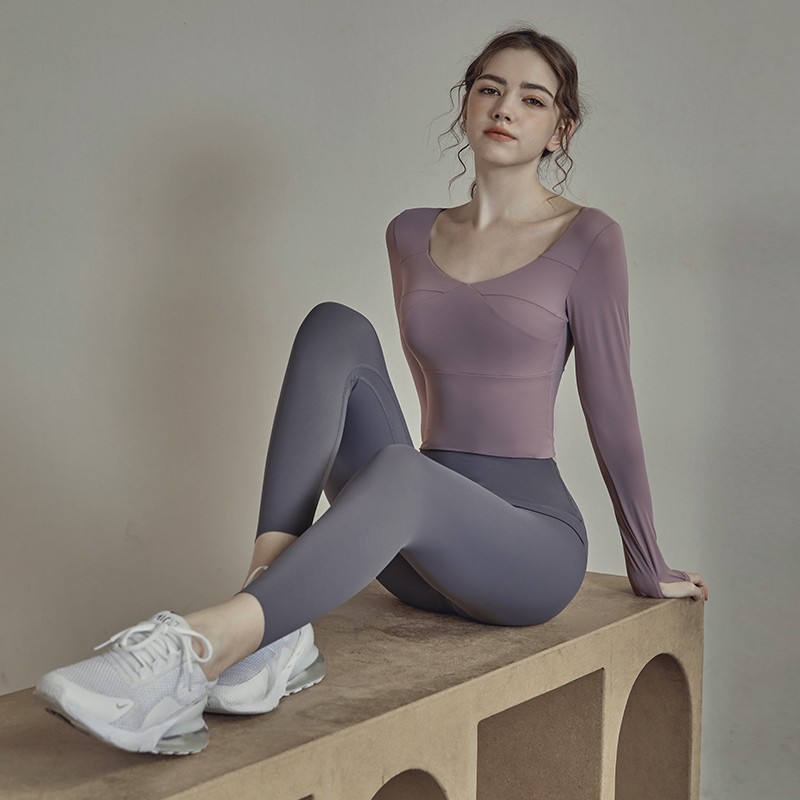 范斯蒂克（vansydical）运动套装健身上衣女露脐弹力紧身显瘦跑步长袖瑜伽服 浅紫两件套 RTC28289 M（建议95-105斤）