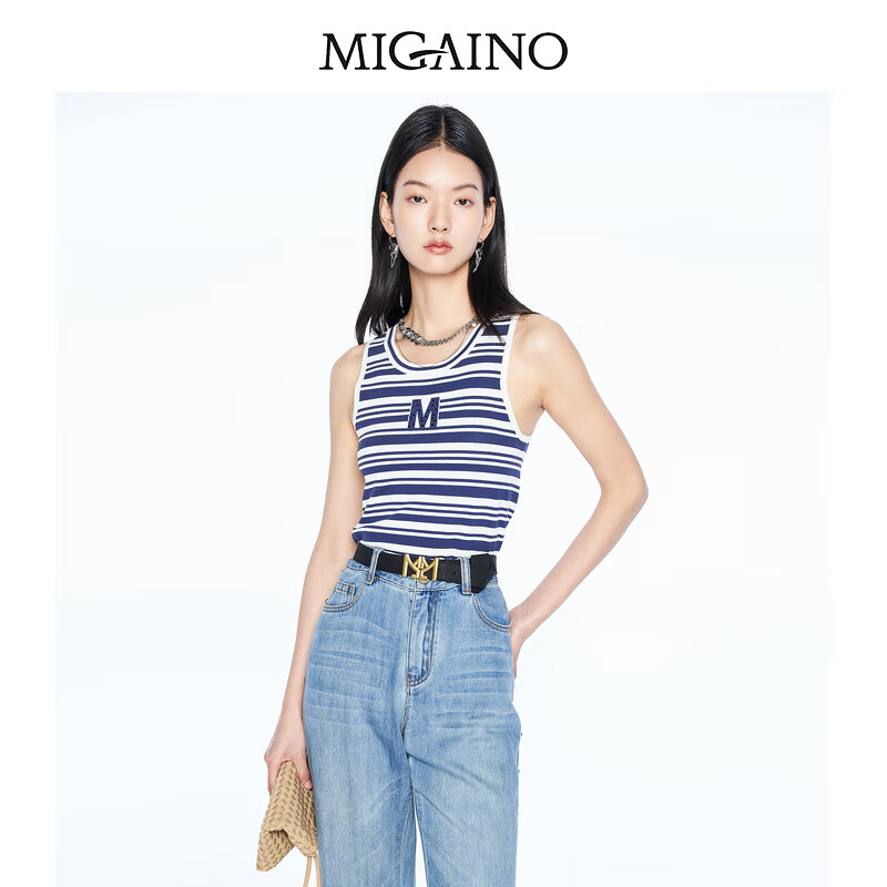 (migaino)薄款条纹针织背心女2023夏新款圆领修身吊带打底 蓝白条 155