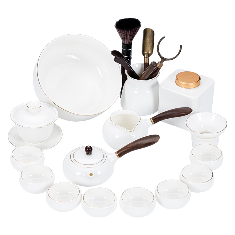 白瓷功夫茶具套装家用侧把德化高白玉瓷泡茶壶盖碗茶杯茶洗整套陶瓷描金 10头汉白玉(侧把-木)-罗汉杯-描金