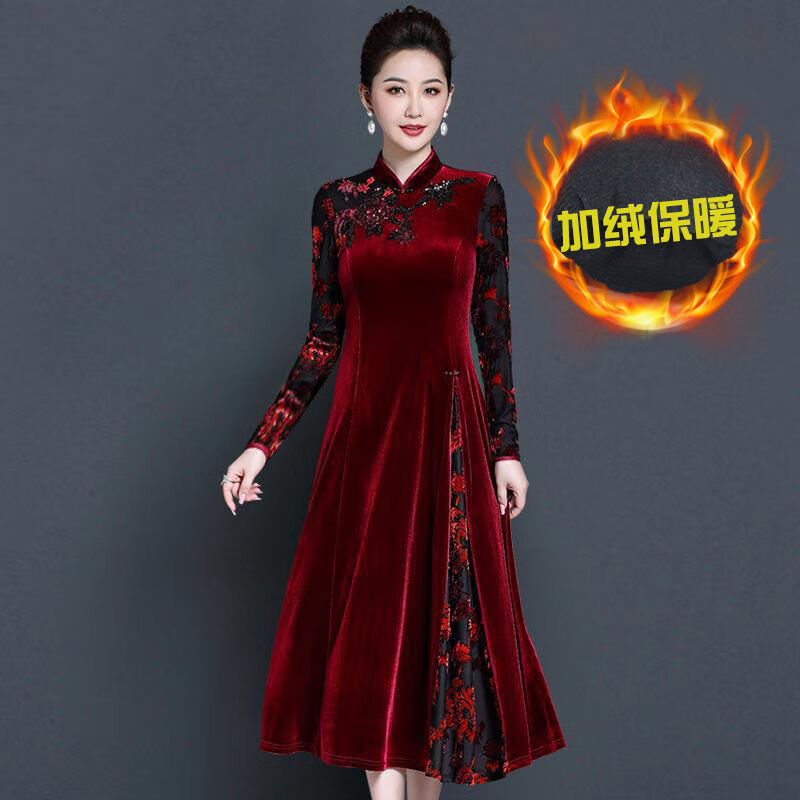 慕林挽金丝绒连衣裙春秋中年改良旗袍高贵洋气婚礼喜婆婆婚宴礼服 酒